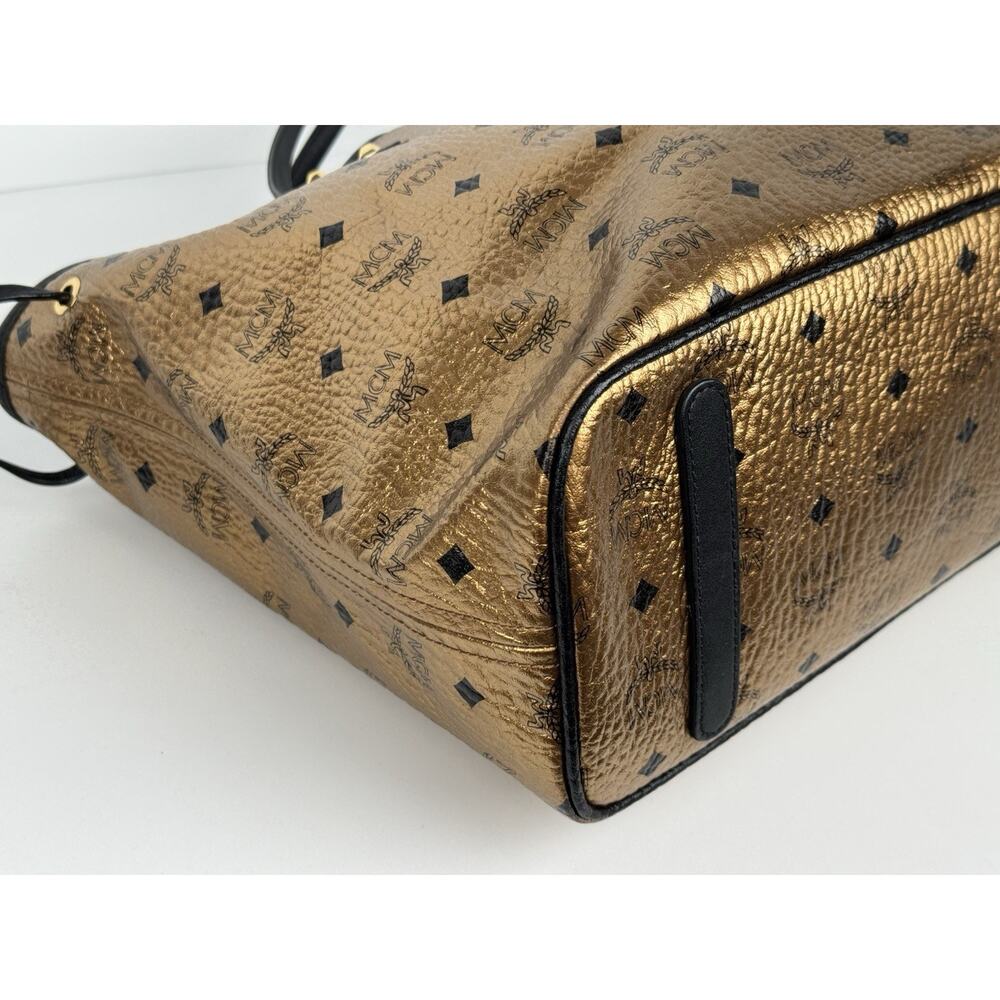 MCM Metallic Visetos Medium Shopper Tote Bag Gold Leather - Picture 12 of 16